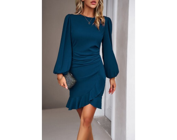 Ruched Ruffled Sleeve Mini Dress