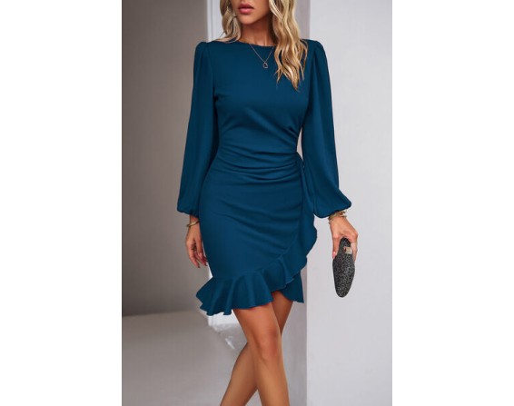 Ruched Ruffled Sleeve Mini Dress