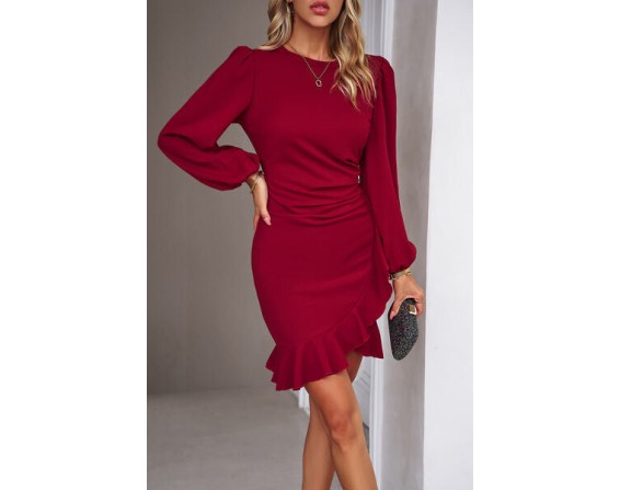 Ruched Ruffled Sleeve Mini Dress