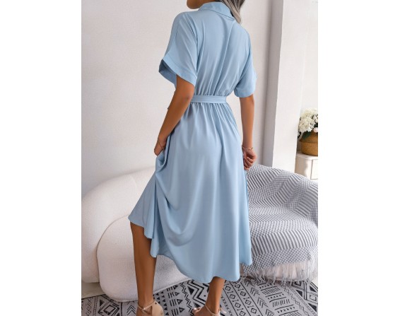 Short Sleeve Collared Tie Belt Dress