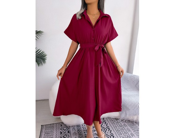 Short Sleeve Collared Tie Belt Dress