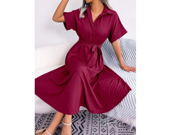 Short Sleeve Collared Tie Belt Dress