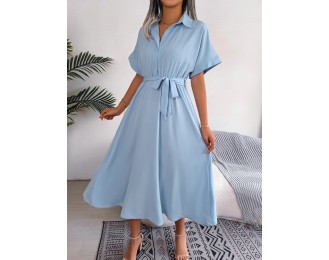 Short Sleeve Collared Tie Belt Dress