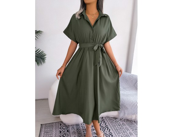 Short Sleeve Collared Tie Belt Dress