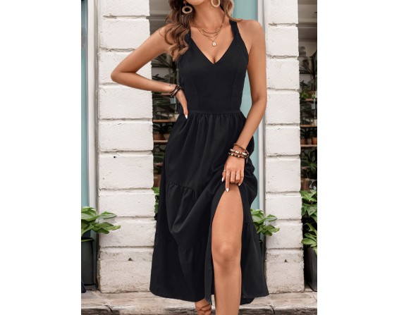 Slit Crisscross V-Neck Midi Dress