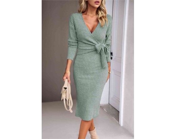 Surplice Neck Tied Ribbed Dress