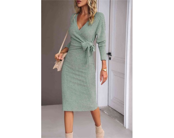 Surplice Neck Tied Ribbed Dress