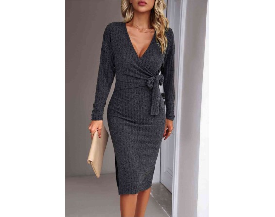 Surplice Neck Tied Ribbed Dress