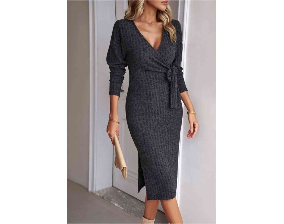 Surplice Neck Tied Ribbed Dress