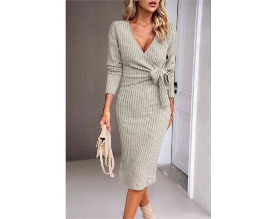 Surplice Neck Tied Ribbed Dress