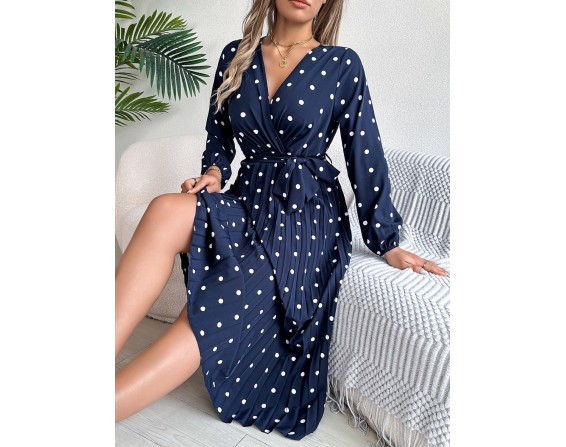 Tied Polka Dot Long Sleeve Midi Dress