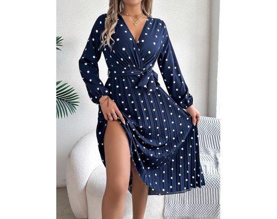 Tied Polka Dot Long Sleeve Midi Dress