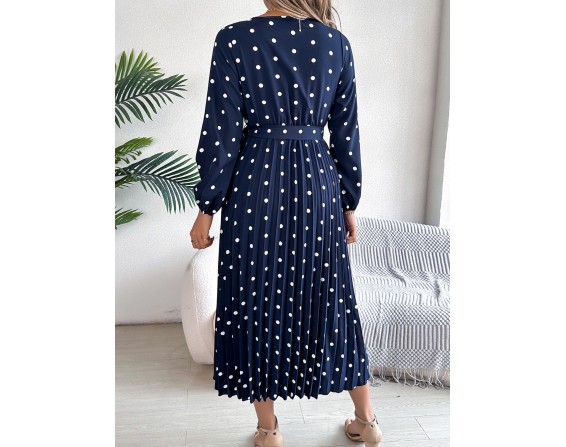 Tied Polka Dot Long Sleeve Midi Dress