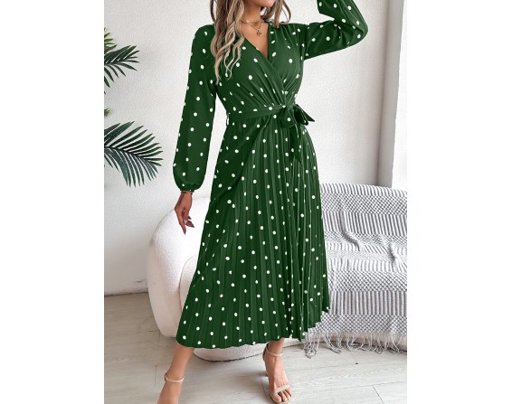 Tied Polka Dot Long Sleeve Midi Dress