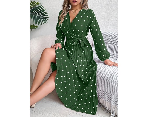 Tied Polka Dot Long Sleeve Midi Dress