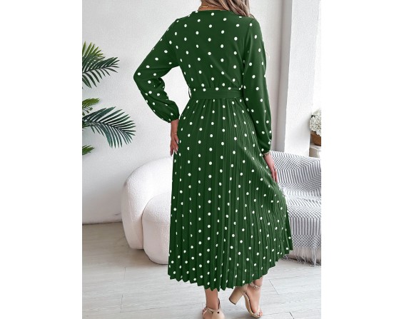 Tied Polka Dot Long Sleeve Midi Dress