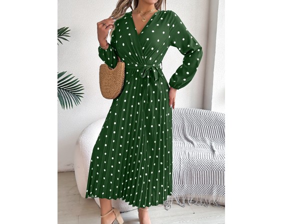 Tied Polka Dot Long Sleeve Midi Dress