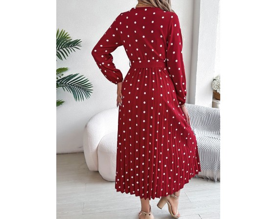 Tied Polka Dot Long Sleeve Midi Dress