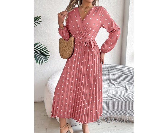 Tied Polka Dot Long Sleeve Midi Dress