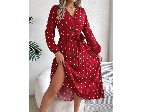 Tied Polka Dot Long Sleeve Midi Dress