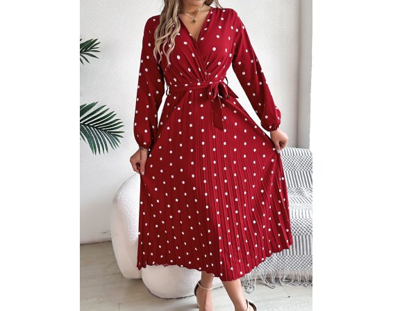 Tied Polka Dot Long Sleeve Midi Dress