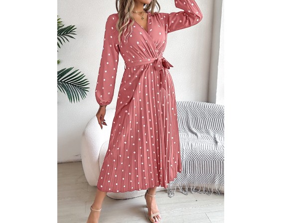 Tied Polka Dot Long Sleeve Midi Dress