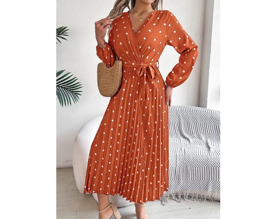 Tied Polka Dot Long Sleeve Midi Dress