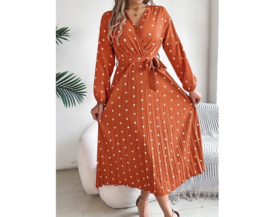 Tied Polka Dot Long Sleeve Midi Dress