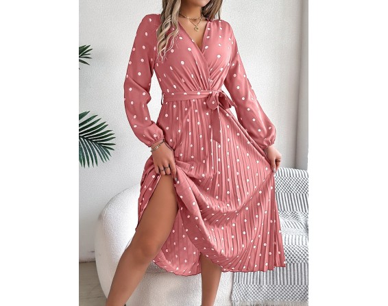 Tied Polka Dot Long Sleeve Midi Dress