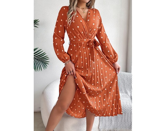 Tied Polka Dot Long Sleeve Midi Dress