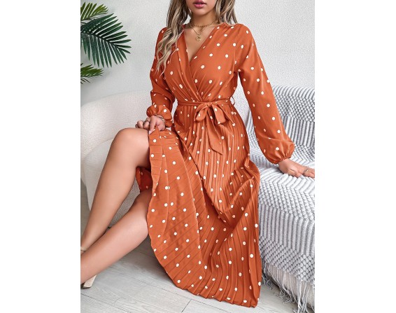 Tied Polka Dot Long Sleeve Midi Dress