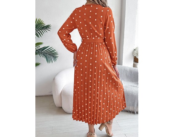 Tied Polka Dot Long Sleeve Midi Dress