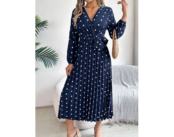 Tied Polka Dot Long Sleeve Midi Dress