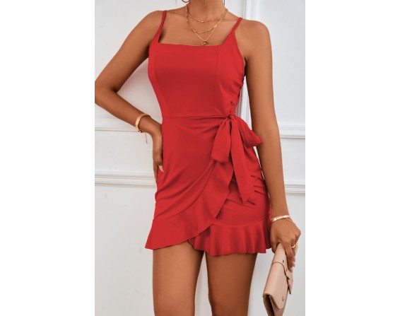 Tied Ruffle Trim Sleeveless Mini Dress