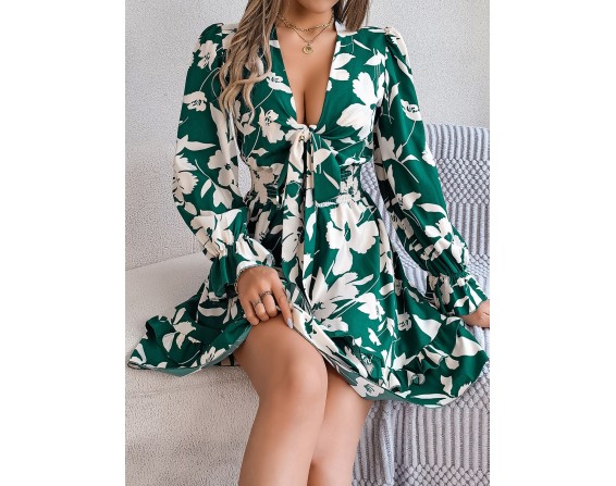 Tied Ruffled Printed Long Sleeve Dress