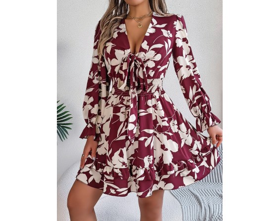 Tied Ruffled Printed Long Sleeve Dress