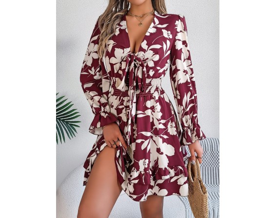 Tied Ruffled Printed Long Sleeve Dress