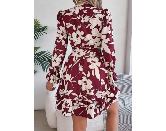 Tied Ruffled Printed Long Sleeve Dress