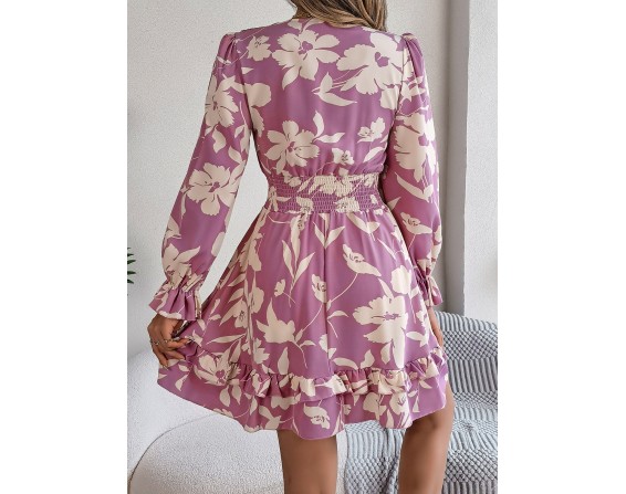 Tied Ruffled Printed Long Sleeve Dress