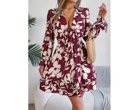 Tied Ruffled Printed Long Sleeve Dress