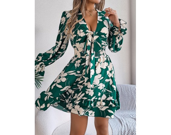 Tied Ruffled Printed Long Sleeve Dress