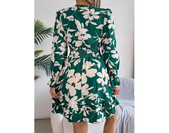 Tied Ruffled Printed Long Sleeve Dress