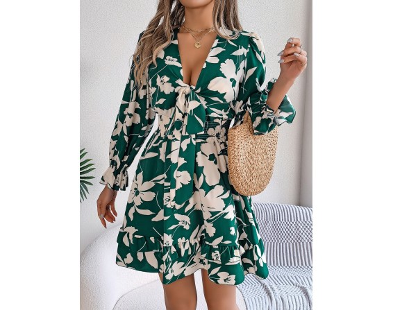 Tied Ruffled Printed Long Sleeve Dress