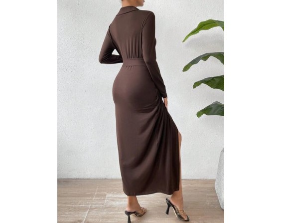 Tied Slit Long Sleeve Wrap Dress