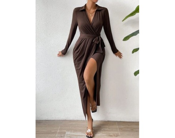 Tied Slit Long Sleeve Wrap Dress