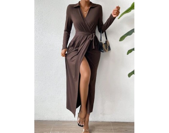 Tied Slit Long Sleeve Wrap Dress