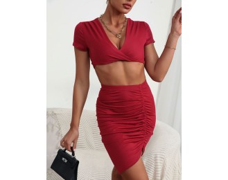 Twisted Deep V Cropped Top and Ruched Skirt Set