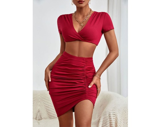 Twisted Deep V Cropped Top and Ruched Skirt Set