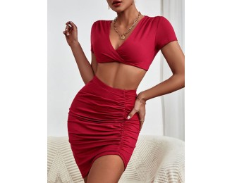 Twisted Deep V Cropped Top and Ruched Skirt Set