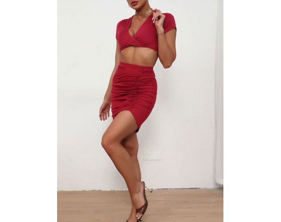 Twisted Deep V Cropped Top and Ruched Skirt Set